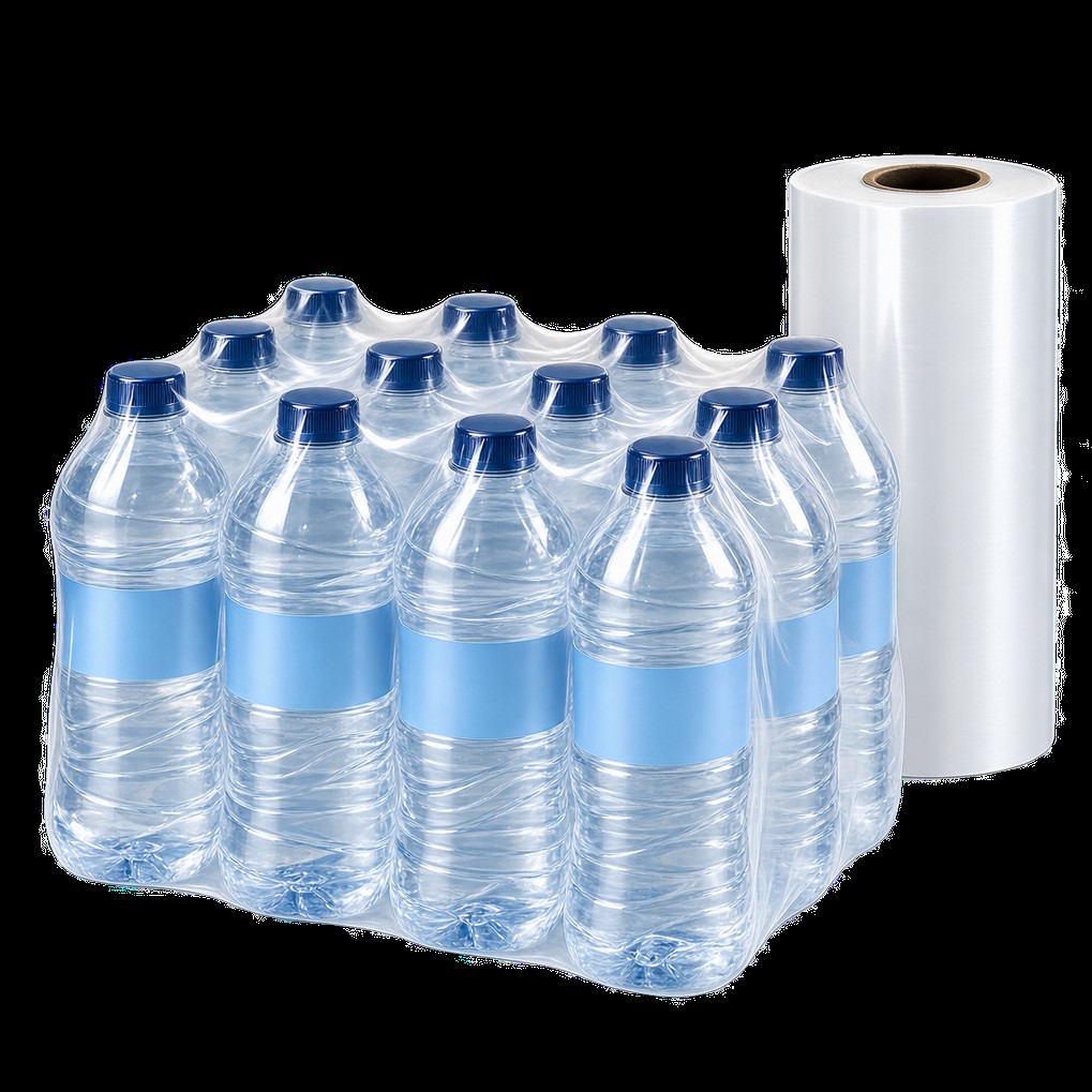 Shrink-bundled water bottles and a roll of Revolution shrink film